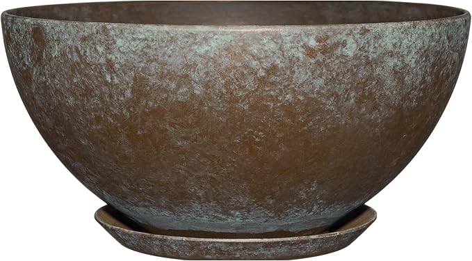 Classic Home and Garden by Growscape Rosie Modern Planter w/Drainage - Contemporary Planter Bowls - Shallow Round Vases for Small Plants - Versatile Indoor & Outdoor Pots (10” Weathered Copper)