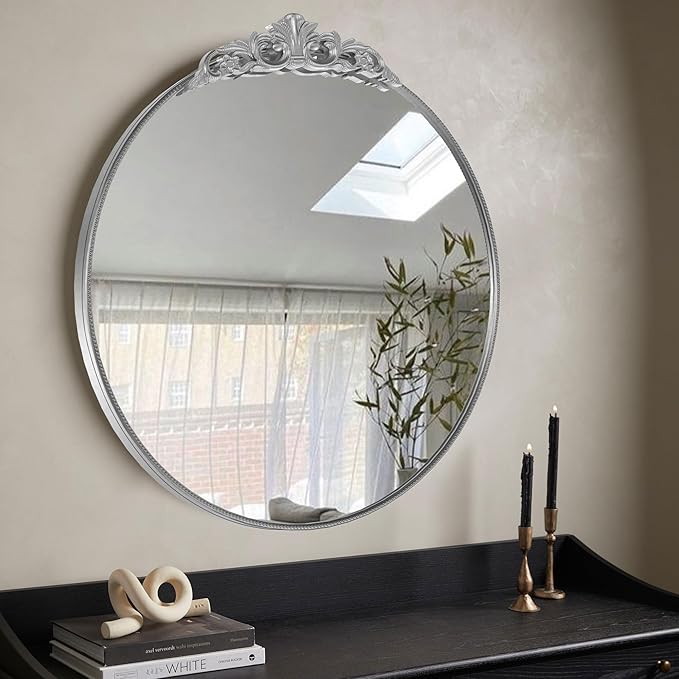 30'' Antique Silver Round Wall Mirror with Metal Flower Carving Frame, Small Vintage Retro Baroque Mirror Ornate, Vanity Mirror for Bathroom, Fireplace,Entryway, Living Room