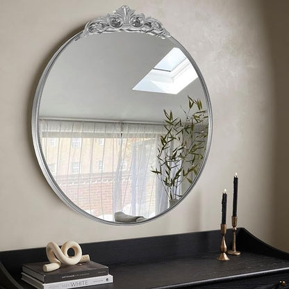 30'' Antique Silver Round Wall Mirror with Metal Flower Carving Frame, Small Vintage Retro Baroque Mirror Ornate, Vanity Mirror for Bathroom, Fireplace,Entryway, Living Room