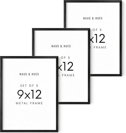 HAUS AND HUES 9x12 Black Metal Picture Frames - Features Premium Aluminum, Vertical & Horizontal Hang, Shatterproof Plexiglass - Perfect for Home, Room, Office (9x12 in, Black, Set of 3)