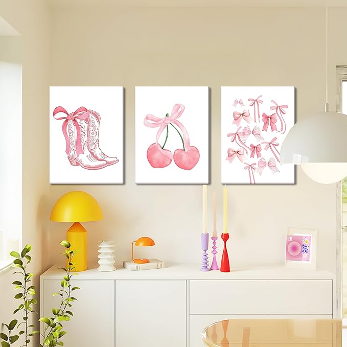 Fashion Pink Bows Wall Art Set of 3, Preppy Watercolor Cherry Cowboy Boots Wall Decor Posters, Cute Aesthetic Room Decor Canvas Prints Picture for College Girl Apartment Bedroom 12x16 Inch Framed