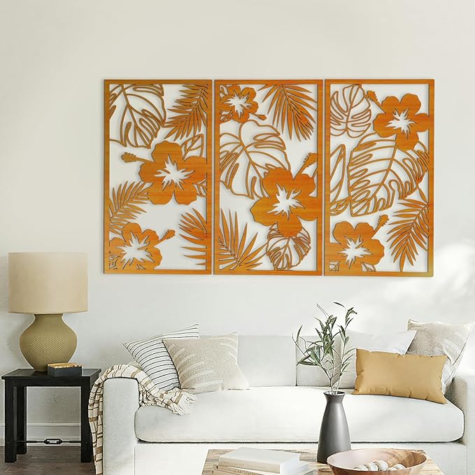 KOYILTD 3 Pieces Wooden Palm Leaf Wall Decor Tropical Wall Decoration Wood 3D Wall Art Set Tropical Palm Leaf Wall Sculptures Minimalist Plant Wall Art for Home Living Room Bedroom (Floral)