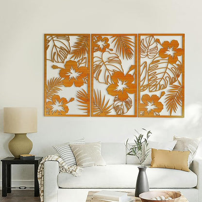 KOYILTD 3 Pieces Wooden Palm Leaf Wall Decor Tropical Wall Decoration Wood 3D Wall Art Set Tropical Palm Leaf Wall Sculptures Minimalist Plant Wall Art for Home Living Room Bedroom (Floral)