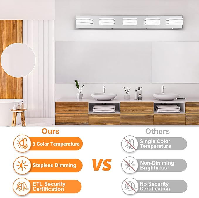 3 Color Temperature Dimmable Bathroom Light Fixtures over Mirror, LED Chrome 5 Light Vanity Lighting Fixtures, Acrylic Stainless Steel Square Shade Vanity Lights for Bathroom, ETL Certificated