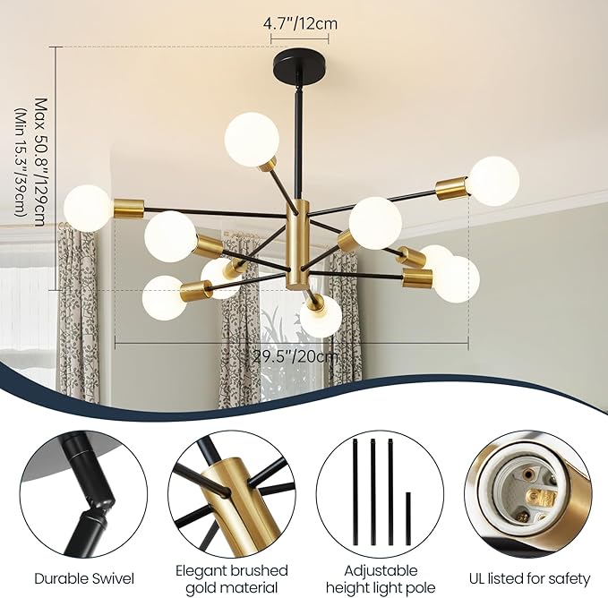 RUIYEY Sputnik Chandeliers Modern Black and Gold Chandeliers 10-Light Mid Century Farmhouse Chandelier Ceiling Light Fixture Height Adustable Pendant Light for Kitchen Island Living Room Dining Room
