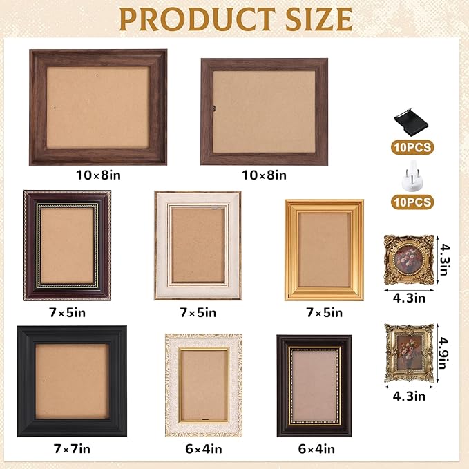 10 Pack Vintage Picture Frames for Wall or Tabletop Display Ornate Vintage Picture Frames Vintage Wall Art for Gallery Bedroom Living Room Antique Photo Frame for Wall Décor
