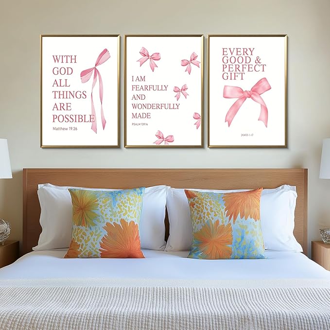 JBZDD Coquette Pink Bow Wall Art Decor Posters Set of 3, Inspirational Bible Verses Pictures Prints Coquette Aesthetic for Girls Room College Apartment Living Room Bedroom Unframed 12x16 In