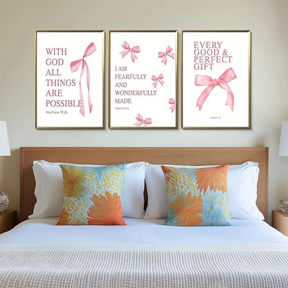 JBZDD Coquette Pink Bow Wall Art Decor Posters Set of 3, Inspirational Bible Verses Pictures Prints Coquette Aesthetic for Girls Room College Apartment Living Room Bedroom Unframed 12x16 In