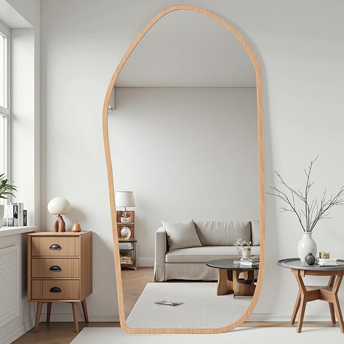 Suidia Full Length Mirror, Oversized Floor Mirror with Solid Wood Frame, Large Standing Mirror for Bedroom Living Room, Wood Art Style, Light Walnut, 86" L x 40" W