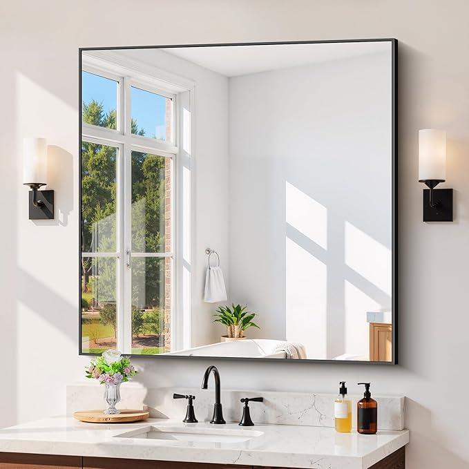 COFENY Black Bathroom Mirror for Wall, 39x39 Inch Rectangle Mirror with Metal Frame, Square Modern Vanity Mirrors for Bathroom Living Room, Entryway Hangs Horizontal or Vertical