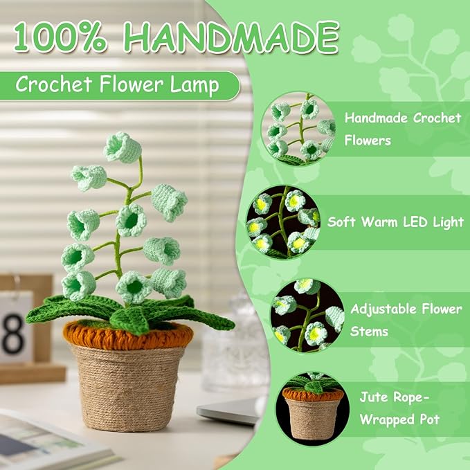 Lily of The Valley Lamp, Green Crochet Artificial Flowers with Night Lights, Cordless Table Lamp -Birthday Gifts for Women,Cozy Home Decor Mothers Day Gifts