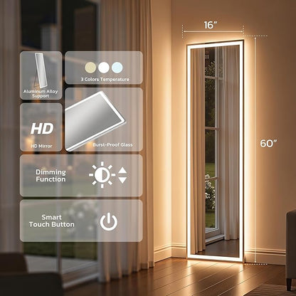 Full Length Mirror with LED Lights, 60"x16"Floor Mirror with Dimming & 3 Color Lighting, Free Standing Floor Mirrors, Lighted Full Body Mirrors for Bedroom, Dressing Room, Cloakroom