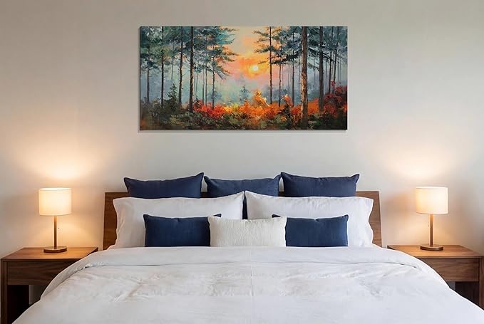 Ardemy Sunset Pines Wall Art Hand-Painted Texture Forest Canvas Painting Sunrise Picture 40"x20" Large Nature Artwork for Living Room Bedroom Office Farmhouse Decor