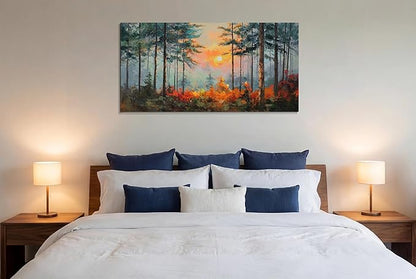 Ardemy Sunset Pines Wall Art Hand-Painted Texture Forest Canvas Painting Sunrise Picture 40"x20" Large Nature Artwork for Living Room Bedroom Office Farmhouse Decor