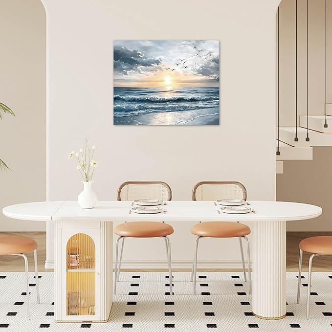 LB Ocean Sunset Coastal Wall Art Seagull Beach Landscape Canvas Wall Art Nature Seascape Pictures Wall Decor for Bedroom Bathroom Living Room Framed Artwork Ready to Hang 12L x 16W
