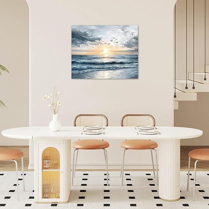 LB Ocean Sunset Coastal Wall Art Seagull Beach Landscape Canvas Wall Art Nature Seascape Pictures Wall Decor for Bedroom Bathroom Living Room Framed Ready to Hang 8L x 10W