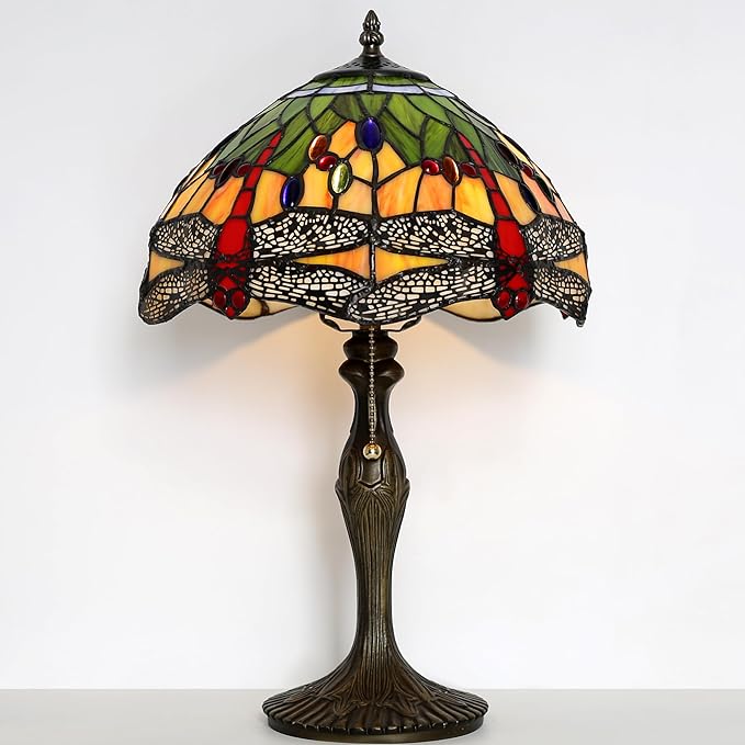 Tiffany Table Stained Glass Table Lamp 12 x 19” Bedside Reading Lamp Yellow Dragonfly Style Decorative Lamp for Desk Living Room Bedroom Office Study Light Decor Gift