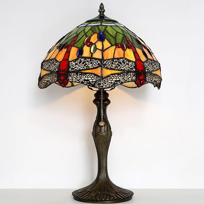 Tiffany Table Stained Glass Table Lamp 12 x 19” Bedside Reading Lamp Yellow Dragonfly Style Decorative Lamp for Desk Living Room Bedroom Office Study Light Decor Gift
