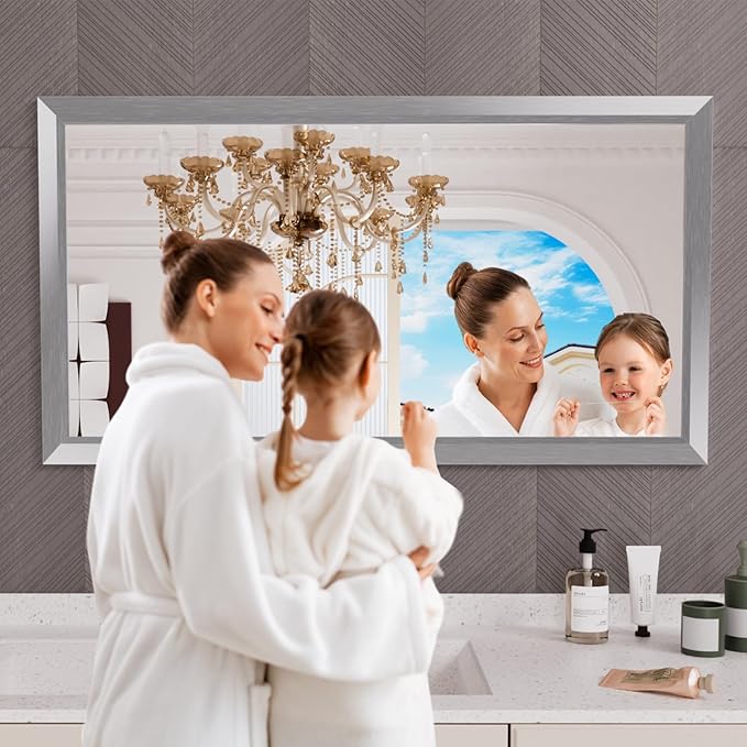 Amorho Bathroom Mirror 50 X30 Inch, Silver Thick Metal Framed Wall Mirrors for Over Sink, Brushed Nickel Mirror Perfect for Bedroom, Living Room, Entryway, Rectangle (Horizontal/Vertical).