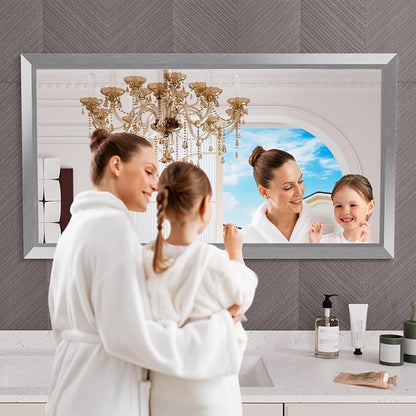 Amorho Bathroom Mirror 50 X30 Inch, Silver Thick Metal Framed Wall Mirrors for Over Sink, Brushed Nickel Mirror Perfect for Bedroom, Living Room, Entryway, Rectangle (Horizontal/Vertical).
