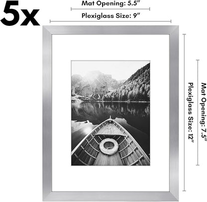 Americanflat 9x12 Picture Frame with Polished Plexiglass - Set of 5 - Use as 6x8 Frame with Mat or Display 9x12 Photo Without Mat - Galleria Collection - Picture Frames for Wall Display - Silver