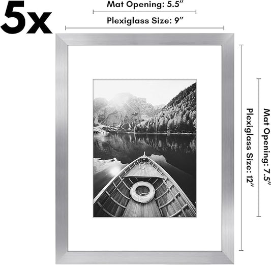 Americanflat 9x12 Picture Frame with Polished Plexiglass - Set of 5 - Use as 6x8 Frame with Mat or Display 9x12 Photo Without Mat - Galleria Collection - Picture Frames for Wall Display - Silver