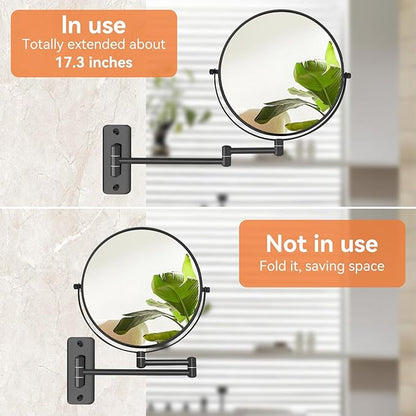 8” Makeup Mirror Wall Mounted, 1X/10X Double-Sided Wall Mount Magnifying Bathroom Mirror with Folding Extendable Arm, 360° Swivel Vanity Shaving Mirror for Bathroom and Makeup, Black (No Light