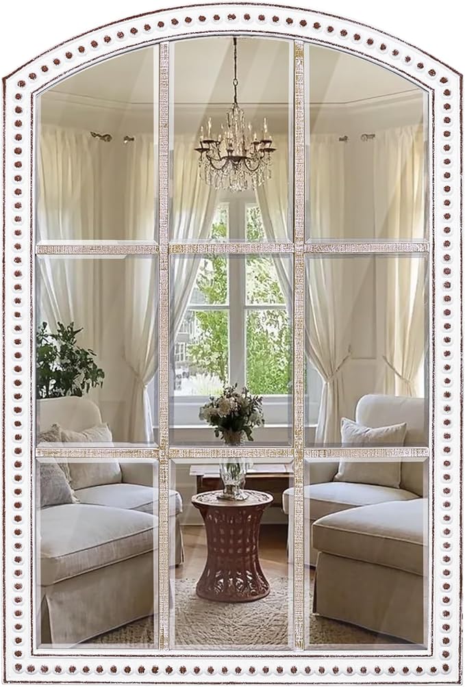 HOITUZYUS 36x24 Inch Arched Windowpane Wall Mirror Farmhouse Style, Rustic Decorative Mirrors for Living Room, Bedroom, Entryway, Hallway, Bathroom
