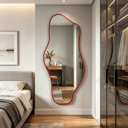 Irregular Mirror Full Length, 67"x31" Red Asymmetrical Tempered Glass Mirror, Large Organic Frameless Wall Mirrors for Living Room Bedroom Hallway Entryway, Horizontal or Vertical Hanging