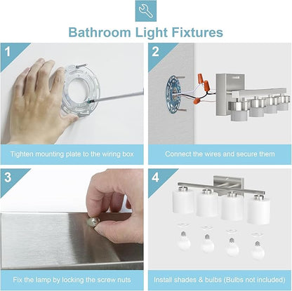 Honesorn 4-Light Bathroom Vanity Light Fixture, Brushed Nickel, Modern With Frosted Shade & Anti-Rust Finish, E26 Base Lighting
