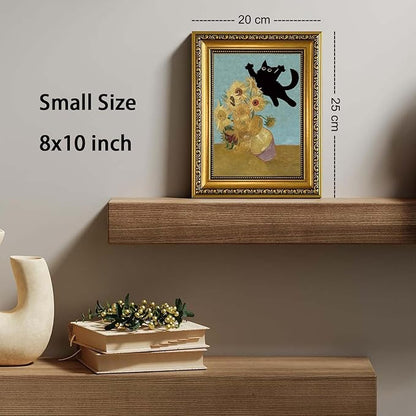 YD&YZY Gold Framed Funny Cat Wall Art Canvas Vintage Black Cat Wall Decor Van Gogh Sunflower Cute Animal Room Print Painting Picture Poster For Home Bedroom Dorm 8x10 inch Small Framed