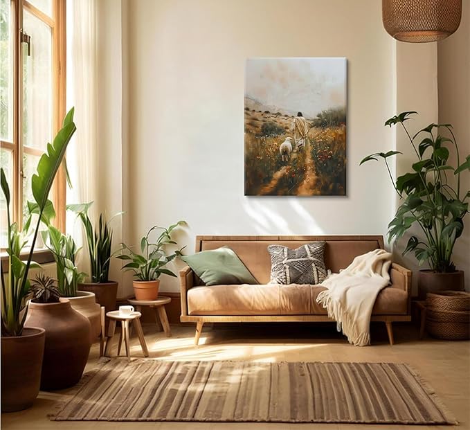 Jesus Leaves the 99 Sheep Canvas Wall Art Jesus and Lamb Painting Wall Decor Picture The Lost Sheep Posters Prints Christian Baptism gifts for Living Room Bedroom Prayer Home Decor 24x36 In canvas