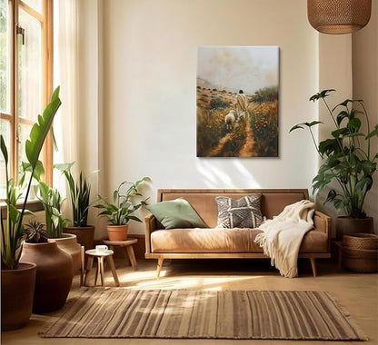 Jesus Leaves the 99 Sheep Canvas Wall Art Jesus and Lamb Painting Wall Decor Picture The Lost Sheep Posters Prints Christian Baptism gifts for Living Room Bedroom Prayer Home Decor 8x10 in canvas