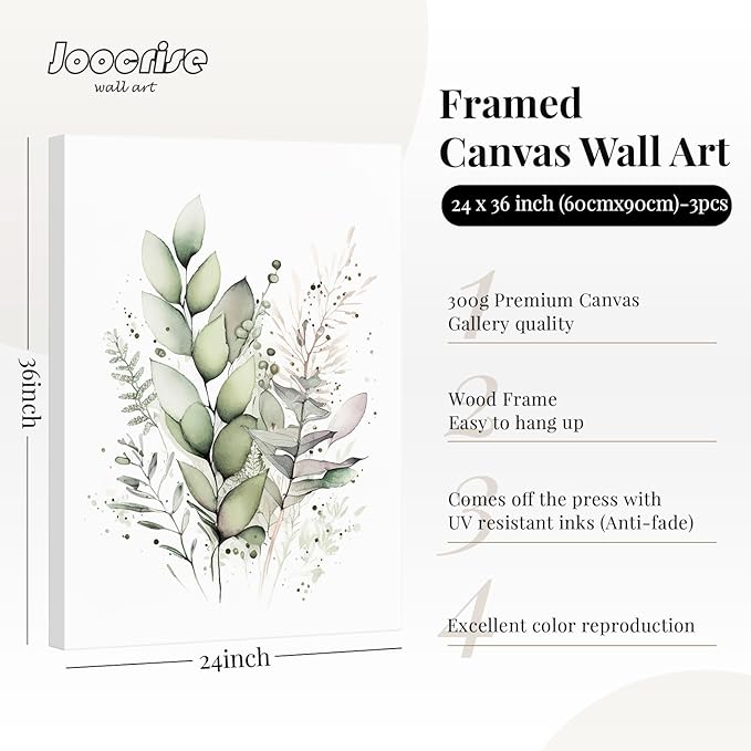 Watercolor Botanical Wall Art Set of 3 Boho Floral Canvas Wall Decor Prints Sage Green Wildflower Wall Art Modern Flower Pictures Botanical Painting for Bedroom Bathroom 24x36 Inch Wrapped Canvas