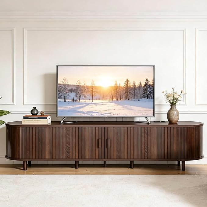 80" Mid Century Modern TV Stand, Wood TV Consoles with Sliding Doors and Power Outlet, Entertainment Center with Adjustable Shelves, Fluted TV Stands for Living Room, Walnut
