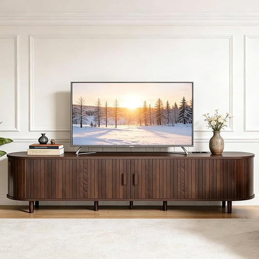80" Mid Century Modern TV Stand, Wood TV Consoles with Sliding Doors and Power Outlet, Entertainment Center with Adjustable Shelves, Fluted TV Stands for Living Room, Walnut