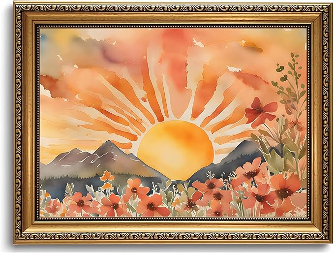 WZGZXU Gold Framed Wall Art Boho Wall Decor Sunset Canvas Art Sun Pictures Wildflower Paintings Landscape Prints Watercolor Artwork For Living Room Bedroom Office