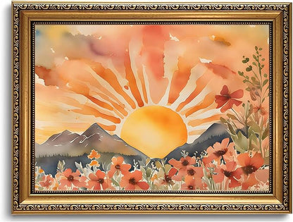 WZGZXU Gold Framed Wall Art Boho Wall Decor Sunset Canvas Art Sun Pictures Wildflower Paintings Landscape Prints Watercolor Artwork For Living Room Bedroom Office