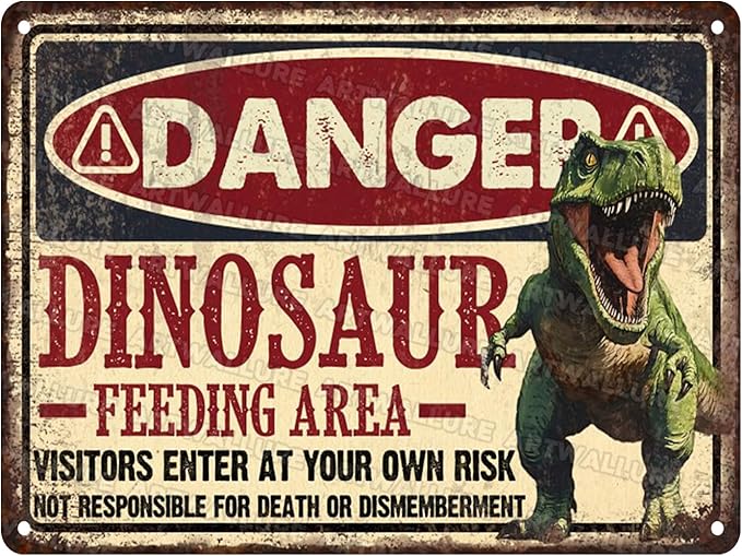 Dinosaur Vintage Tin Sign Dinosaur Feeding Area Great Boy's Room Metal Decor Sign Warning for Bedroom and Playroom 12x16inch