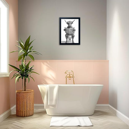 Funny Highland Cow Bathroom Wall Art - Framed Black and White Bathroom Wall Decor, Humorous Cow Picture Wall Decor with Cute Animal Canvas, Modern Farmhouse Style Restroom Sign Art for Toilet & Washroom 16"x20"