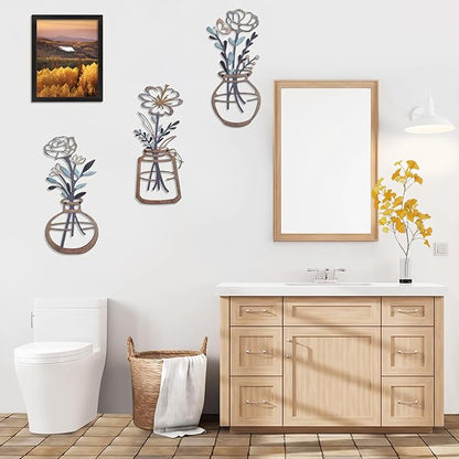 Lcaughsy Metal-Wall-Decor Living Room - 3 Pcs Metal Bathroom Wall Art Floral Vase and Picture Frame for Decoration- Hanging Display Wall Decor Art for Home Dining Room Bedroom Kitchen Farmhouse,Brown
