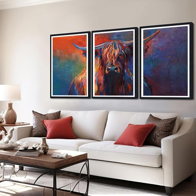 Vibrant Highland Cow Framed Canvas Wall Art Abstract Cow Portrait Poster Wall Decor for Country Apartment Living Room Office Nursery Scottish Cattle Artwork Decoration Easy to Hand 24x36inchx3pcs