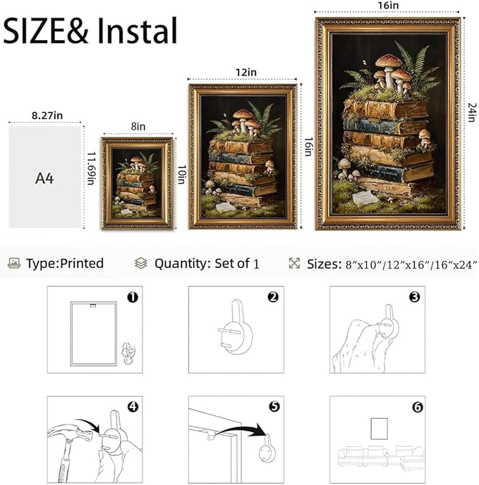 WZGZXU Vintage Gold Framed Wall Art Botanical Wall Decor Dark Academia Canvas Art Cottagecore Stack Books Pictures Gothic Prints Moody Paintings For Bedroom Study Room Library 16x24in