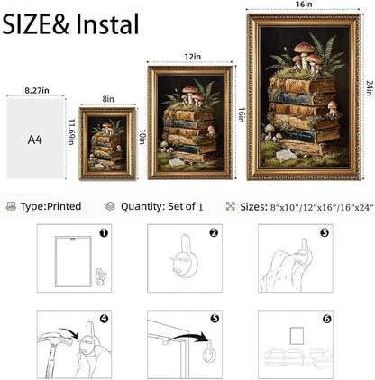 WZGZXU Vintage Gold Framed Wall Art Botanical Wall Decor Dark Academia Canvas Art Cottagecore Stack Books Pictures Gothic Prints Moody Paintings For Bedroom Study Room Library 12x16in