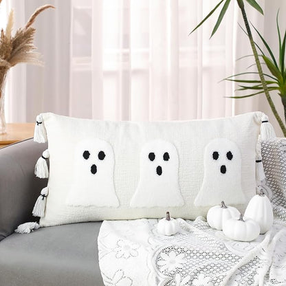 Vercraft Halloween Ghost Throw Pillow with Tassels 14x26 Inch Ghost Spooky Halloween Throw Lumbar Pillows Decorative Pillows Halloween Room Decor for Holiday Party Sofa Bed Cushion (White)