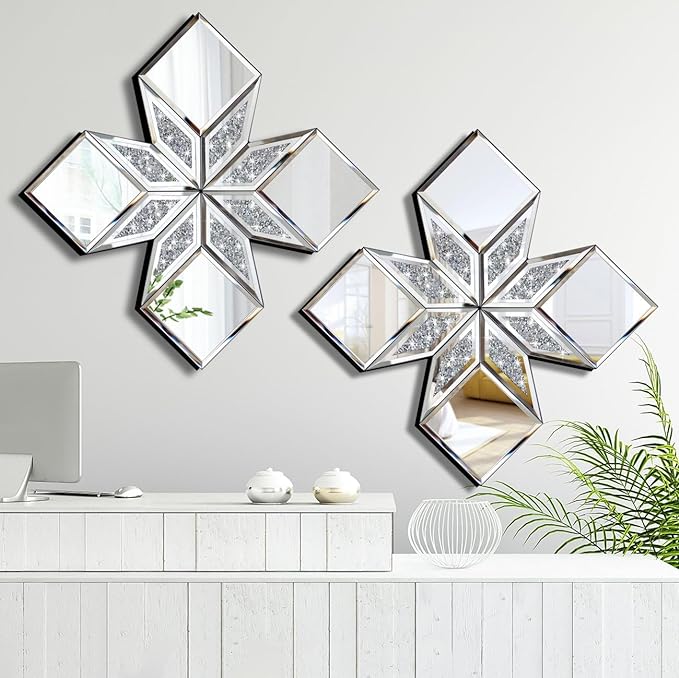 Crushed Diamond Decorative Mirror 2 Pack 16.75x16.75” Diamond Shape Glass Decor Wall Mirror for Home Decor, Accent Mirror