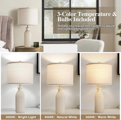 Luvkczc Ceramic Table Lamps Set of 2, Farmhouse 24.8" Bedside Lamps with Adjustable Color Temperature, Modern Nightstand Lamp Desk Reading Lamp for Bedroom, Living Room, Office, 2 Bulbs Included