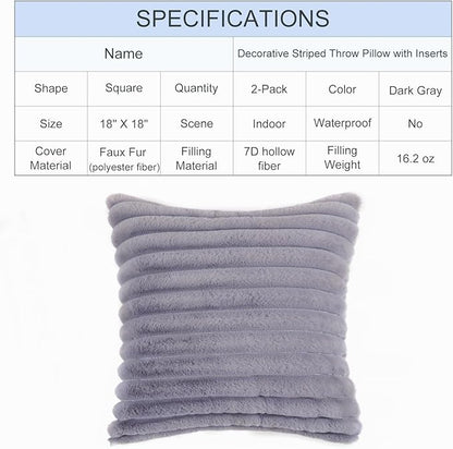 Decorative Throw Pillow with Inserts, Set of 2 Soft Faux Fur Throw Pillows, Square Boho Striped Pillow for Couch, Bed, Sofa Decor(Gray, 18" x 18")