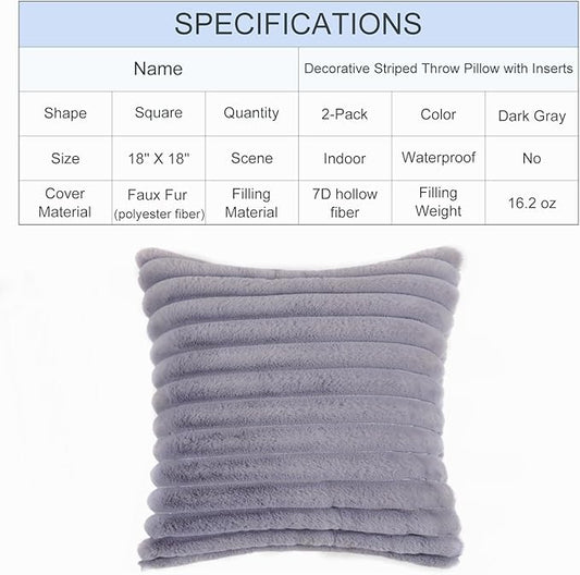 Decorative Throw Pillow with Inserts, Set of 2 Soft Faux Fur Throw Pillows, Square Boho Striped Pillow for Couch, Bed, Sofa Decor(Gray, 18" x 18")