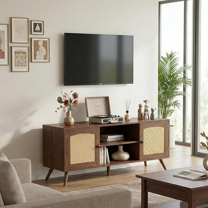 holzart Mid Century Modern Rattan TV Stand for 55/60 Inch TV - 53" Boho Media Console Table with Cane Doors & Open Shelves, Rustic Brown Entertainment Center for Living Room, Hallway, Entryway